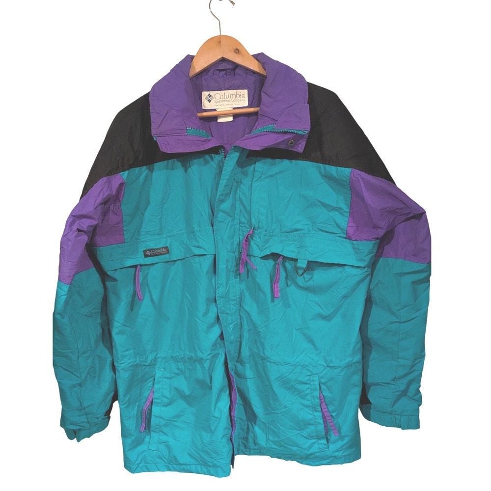 Columbia Parka‎ L Teal Purple Black Vintage 90s Colorblock Ski Jacket Gorpcore